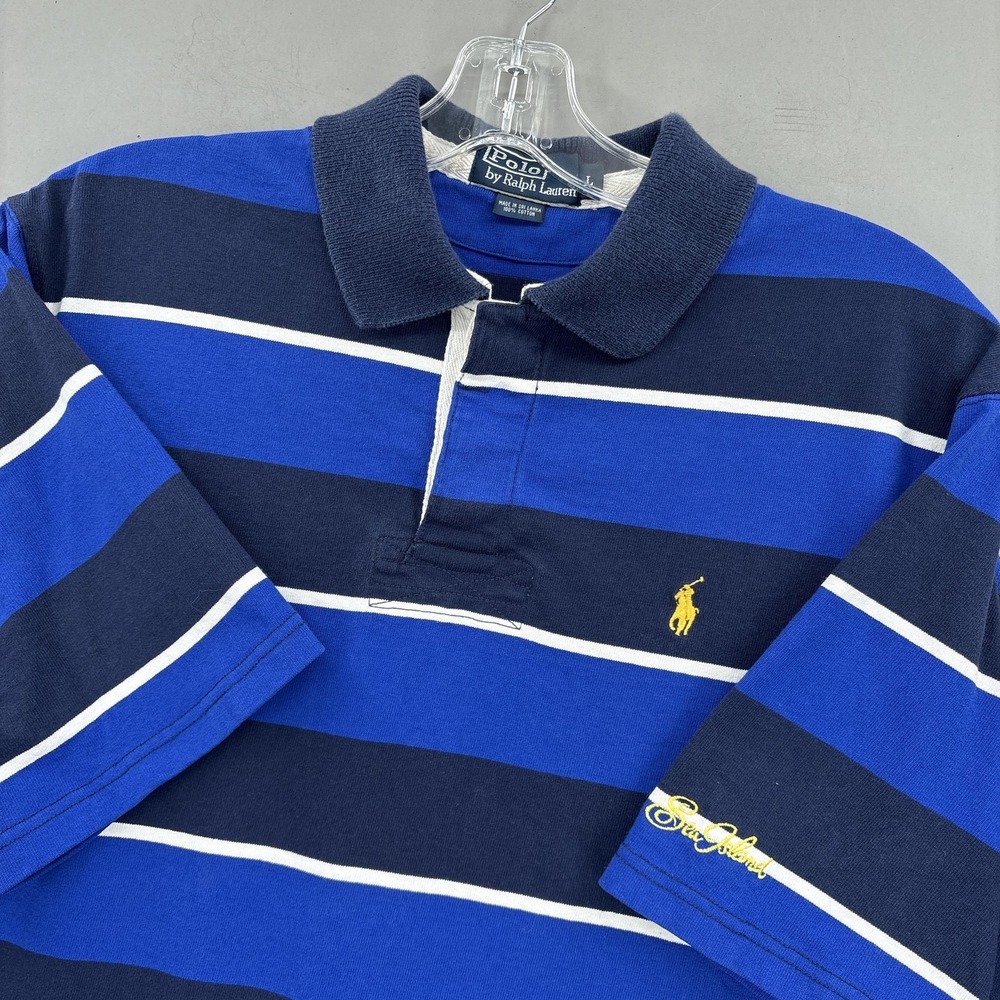 Polo Ralph Lauren Shirt Men Large Rugby Blue Striped Sea Island Short Sleeve VTG